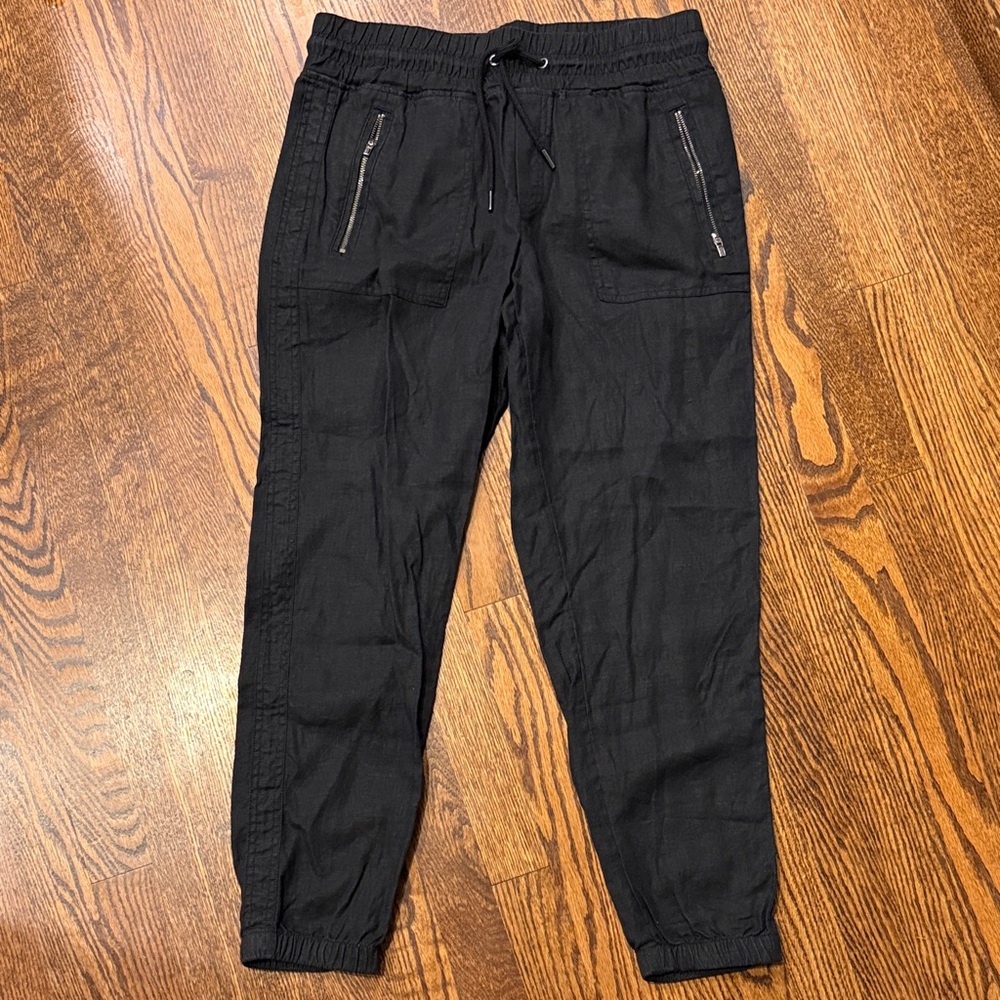 B19 Athleta Linen Stretch Waist Drawstring Black Jogger Pants Zippered Pockets